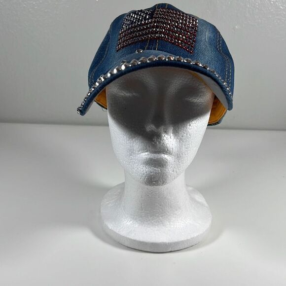 Women's American Flag Baseball Cap Rhinestone Denim Bling Patriotic Hat Blue Red - Picture 1 of 7